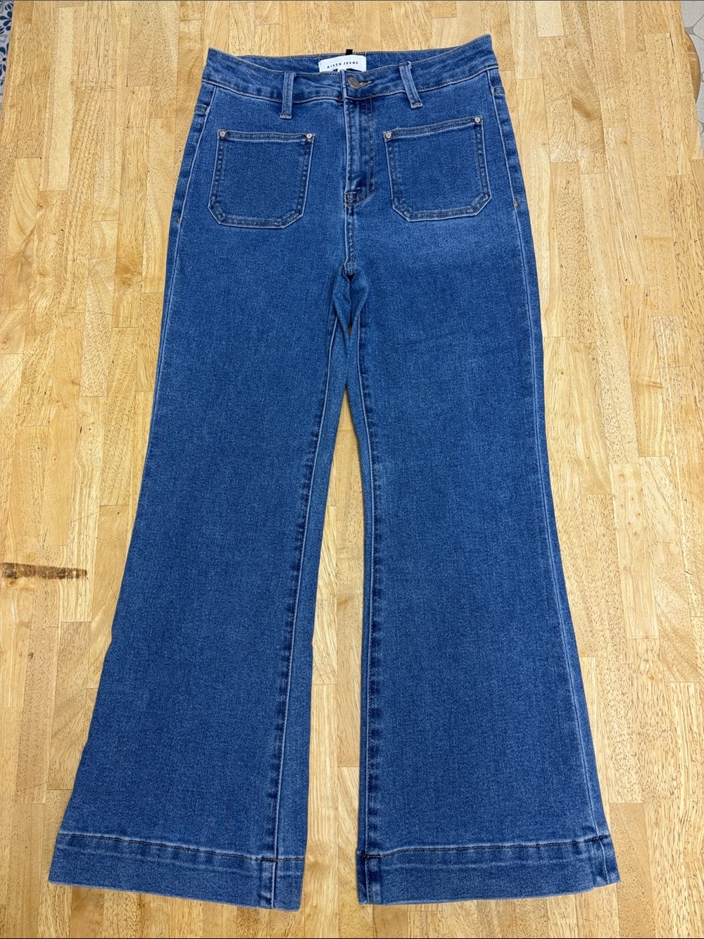 Risen Jeans Front Patch Pocket Wide Leg Flare High Rise Med Wash Denim Size 7 28